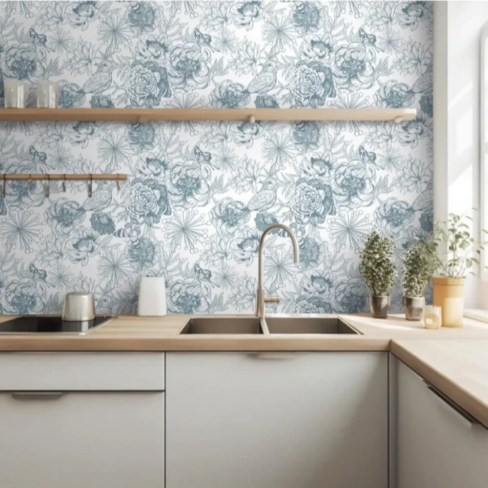 Floral Peel and Stick Wallpaper Rolls Blue White Contact Paper Bloom 8 available